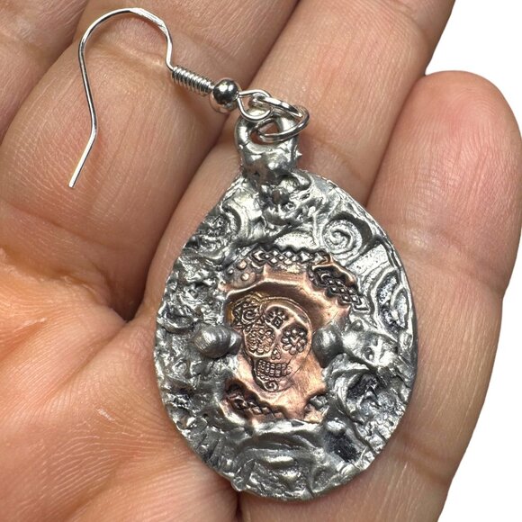 Mixed Metal Sugar Skull Earrings 925 Hooks & Artisan Silver Blend Metalwork - Picture 6 of 13
